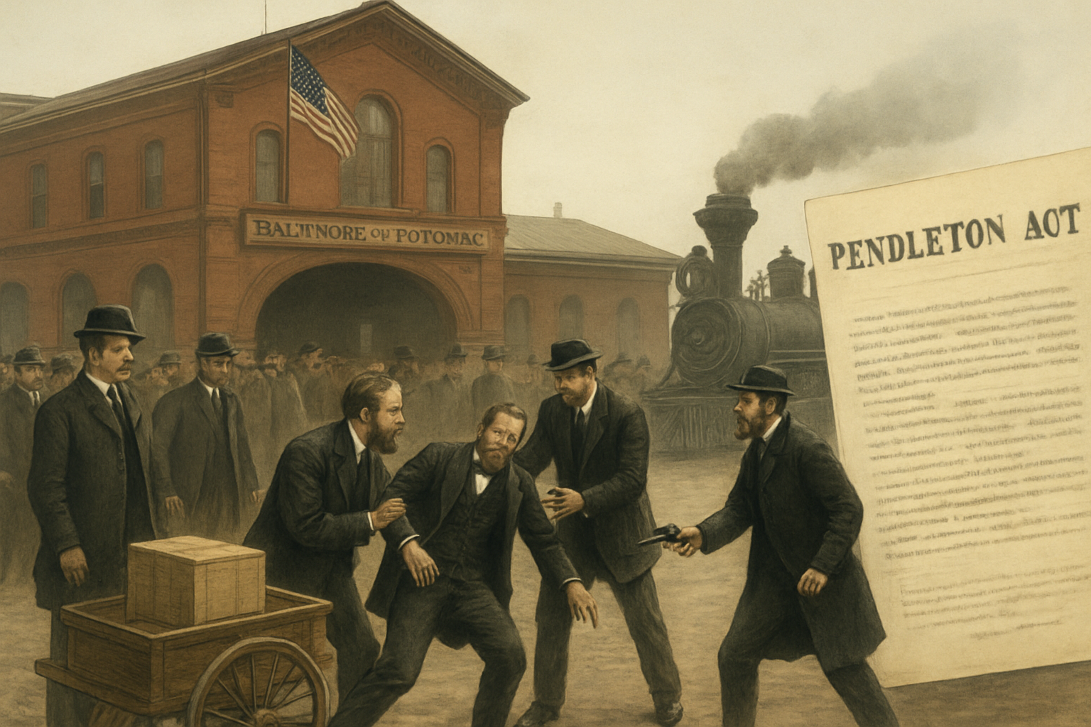 AI-generated historical illustration related to How Garfield’s Assassination Helped Spur Civil Service Reform