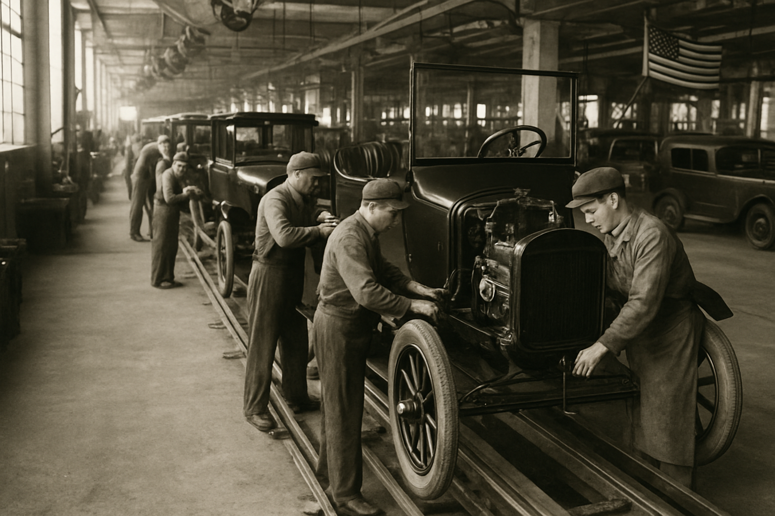 AI-generated historical illustration related to Henry Ford and the Assembly Line Revolution